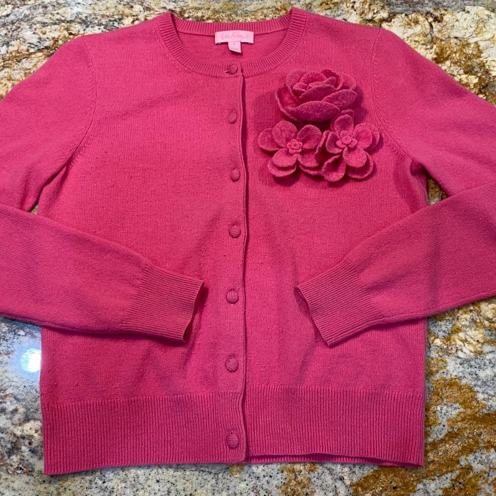 Lilly Pulitzer Cashmere Preppy Cardigan with Fabric Flower Pins - Small